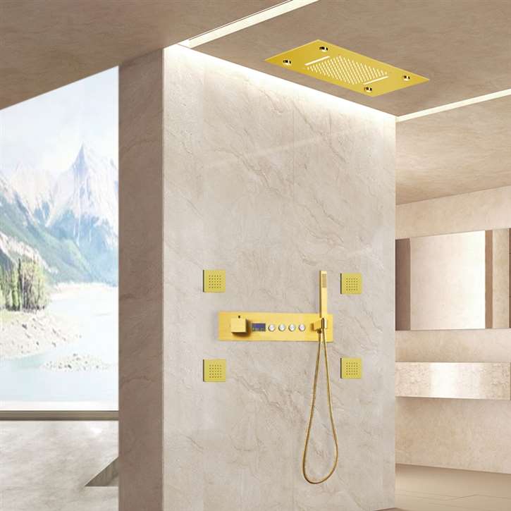 Bergamo Brushed Gold Recessed Ceiling Mount LED Thermostatic Waterfall Rainfall Shower System with Body Jets and Hand Shower