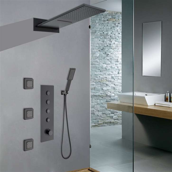 Fontana Turin 4 Functions Matte Black Wall Mount Rainfall Waterfall Shower System with Handheld Shower and 3 Jetted Body Sprays