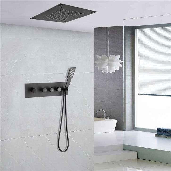 Fontana Varese 16*16in Luxury LED Matte Black Thermostatic Rainfall Waterfall Shower System with Hand Shower