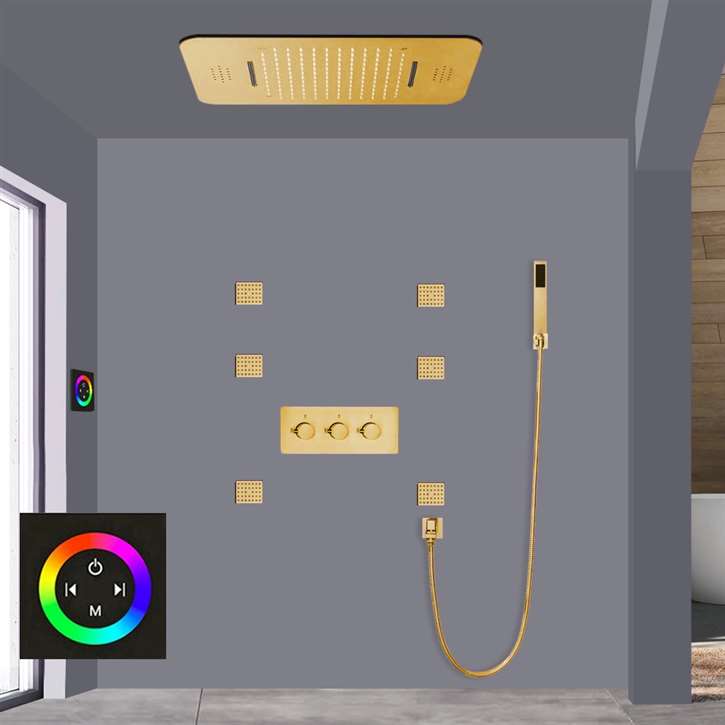 Fontana Melun Gold Finish Music System Thermostatic LED Shower Head with Hand Sprayer Touch Panel Controlled