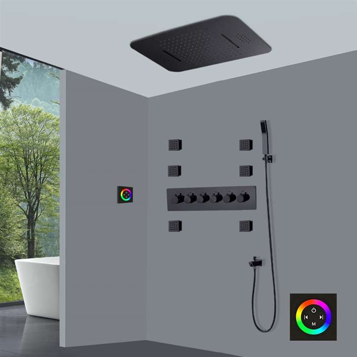 Fontana Verona Ceiling Mount Matte Black Thermostatic Music Smart LED Rain Shower Panel System with Massage Jets and Hand Sprayer Touch Panel Controlled