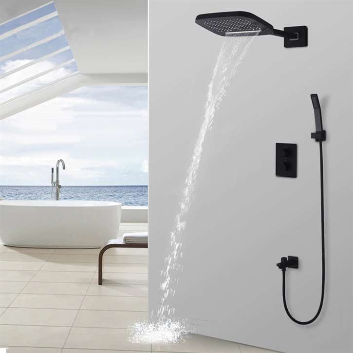 Fontana Dax Wall Mounted Thermostatic Waterfall Rainfall Shower Head and Hand Shower Set in Matte Black