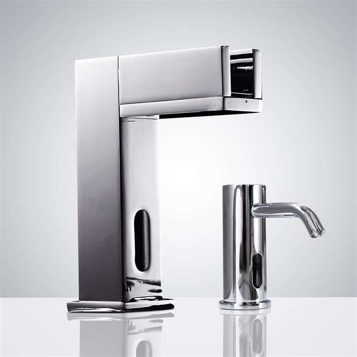 Fontana Chrome Contemporary Commercial Automatic Waterfall Sensor Faucet with Matching Automatic Deck Mount Soap Dispenser