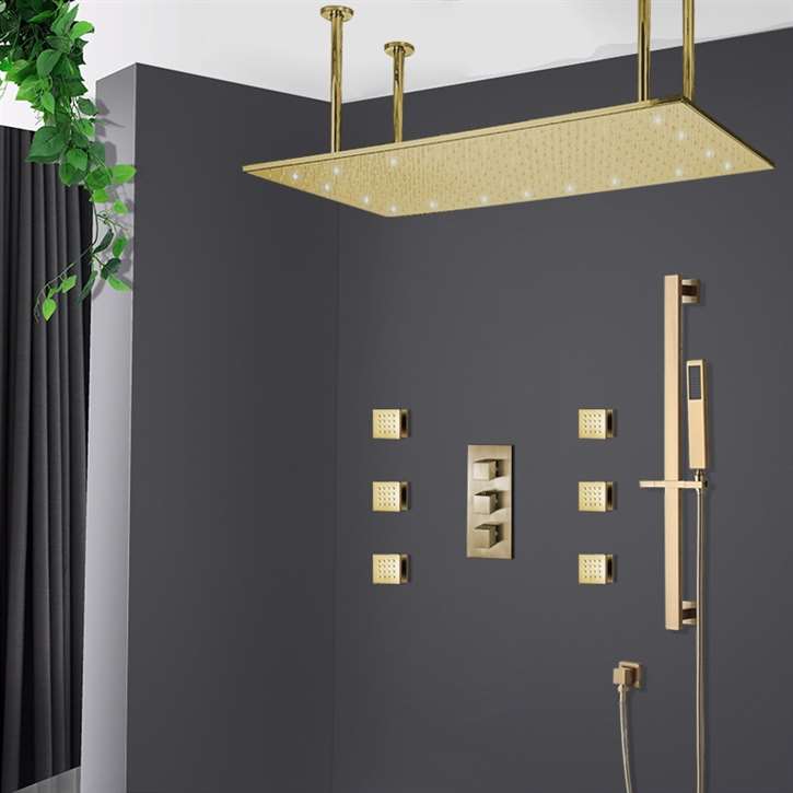 Diadema 30" * 40" Large Brushed Gold Solid Brass LED Rain Shower Head with Body Jets & Handheld Shower