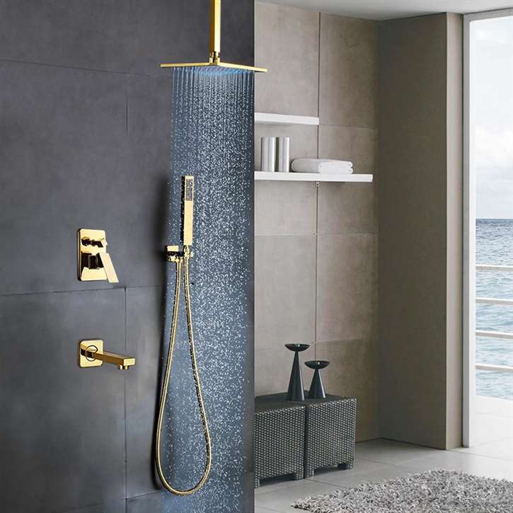 L'Aquila Brass Gold Tone Shower Set Ceiling Mount - 3 Way Valve Mixer with Tub Spout Hand Shower