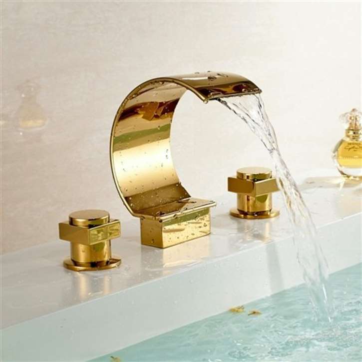 Waterfall Solid Brass Gold Finish Mixer Bathtub Faucet