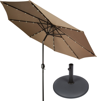 9' Deluxe Solar Powered LED Lighted Patio Umbrella with Gray Circular Base by Trademark Innovations (Tan)