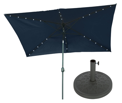10' x 6.5' Rectangular Solar Powered LED Lighted Patio Umbrella with Gray Circle Geometric Base by Trademark Innovations (Blue)
