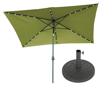 10' x 6.5' Rectangular Solar Powered LED Lighted Patio Umbrella with Gray Circle Geometric Base by Trademark Innovations (Light Green)