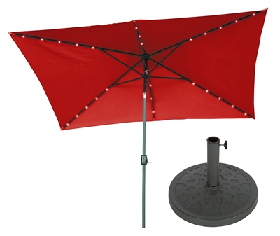 10' x 6.5' Rectangular Solar Powered LED Lighted Patio Umbrella with Gray Circle Geometric Base by Trademark Innovations (Red)