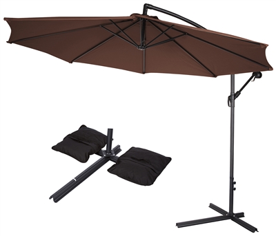 10' Deluxe Polyester Offset Patio Umbrella with Set of 2 Saddlebag Style SWeight Bags by Trademark Innovations (Dark Brown)