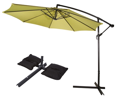 10' Deluxe Polyester Offset Patio Umbrella with Set of 2 Saddlebag Style SWeight Bags by Trademark Innovations (Light Green)