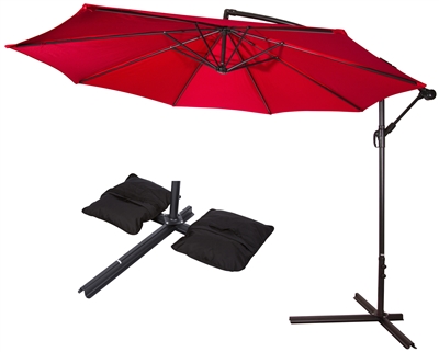 10' Deluxe Polyester Offset Patio Umbrella with Set of 2 Saddlebag Style SWeight Bags by Trademark Innovations (Red)