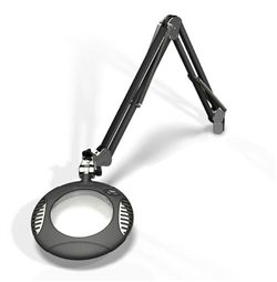 LED Illuminated Magnifier Green-Lite, 6" Diameter, 2x(4 Diop), 43" arm, Clamp Down Base Assembly, Multi Angle LEDs, 120-240V, Charcoal mist