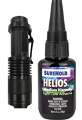 Helios Light Cure Cyanoacrylate Adhesive 0.7 oz. (20g) bottle and LED Light
