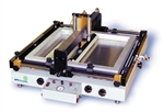 Cost effective automatic stencil printer compatible with standard frames covering a 16" X 18" print area with power sweep squeegee.
