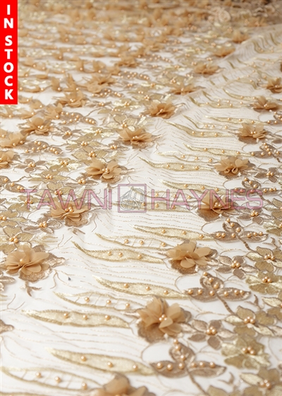 Gold Beaded 3D Flower Lace Fabric