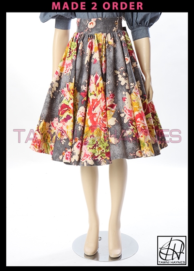 Tawni Haynes Denim Floral High Waist Swing Skirt