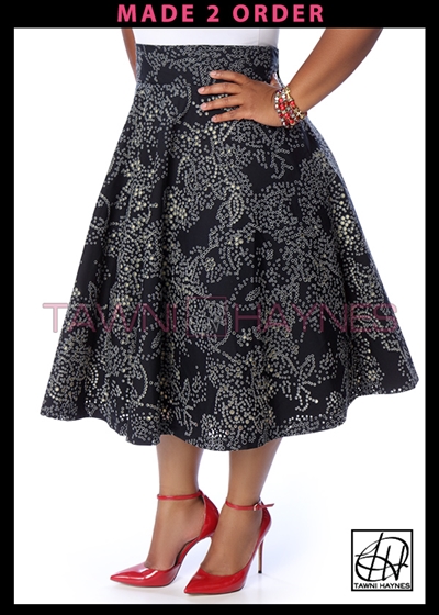 Tawni Haynes High Waist Swing Skirt Knee Length - Cotton Lawn Black & White Eyelet Print