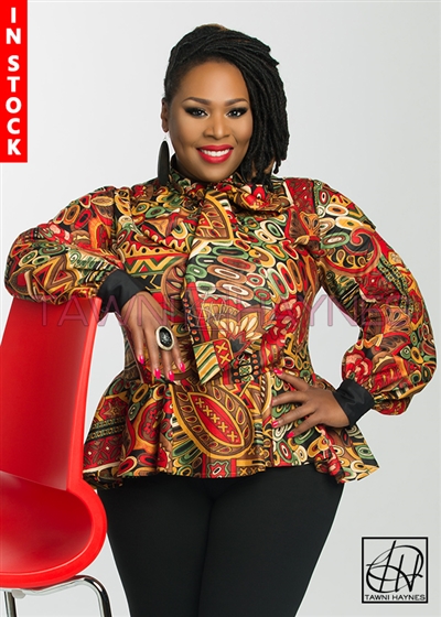 Tawni Haynes In-Stock African Print Peplum Bow Blouse