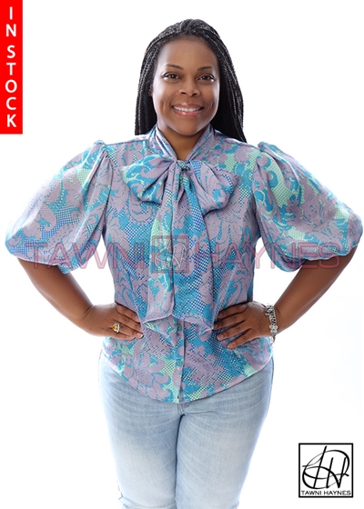 Tawni Haynes In-Stock Blue & Green Chiffon Bow Blouse