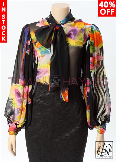 Tawni Haynes In-Stock Chiffon Long Exaggerated Puff Sleeve Floral Bow Blouse