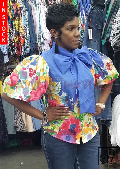 In-Stock! Floral Blue Cotton Lawn Bow Blouse
