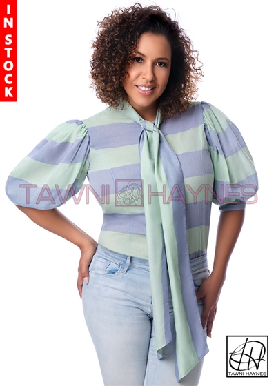 In-Stock! Mint & Blue Stripe Cotton Lawn Bow Blouse