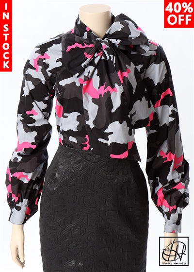 Tawni Haynes In-Stock Camo Long Gradual Puff Sleeve Bow Blouse