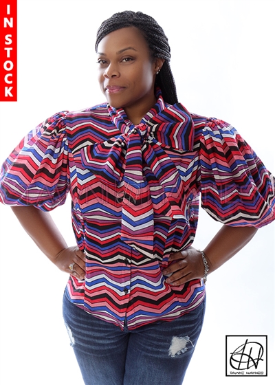 Tawni Haynes In-Stock Multi-Color Diagonal Striped Bow Blouse