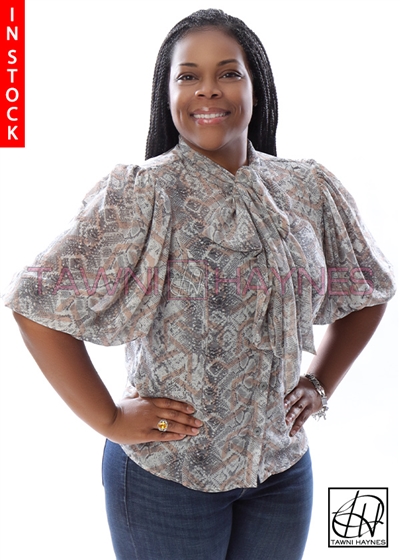 Tawni Haynes In-Stock Reptile Cotton Lawn Bow Blouse