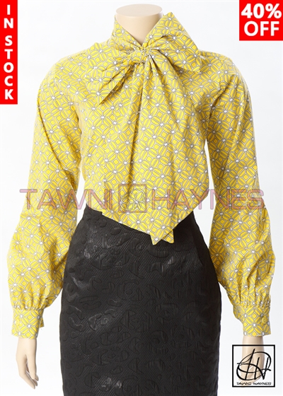 Tawni Haynes In-Stock Geometric Long Gradual Puff Sleeve Bow Blouse