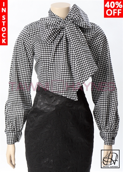 Tawni Haynes In-Stock Houndstooth Long Gradual Puff Sleeve Bow Blouse