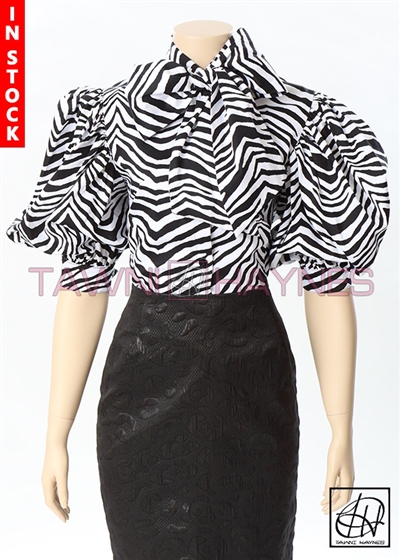 Tawni Haynes In-Stock Stretch Cotton Sateen Zebra Print Bow Blouse