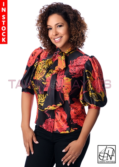 In-Stock! Black Floral Silk Satin Bow Blouse