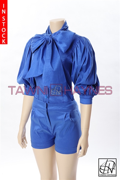 Tawni Haynes In-Stock Stretch Taffeta Bow Blouse & High Waist Shorts