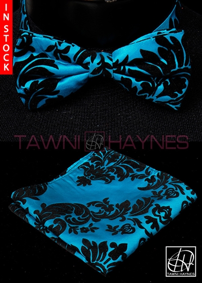 Tawni Haynes Blue w/ Black Damask Taffeta Bow Tie & Pocket Square
