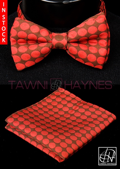 Tawni Haynes Brown Red Polka Dot Brocade Bow Tie & Pocket Square