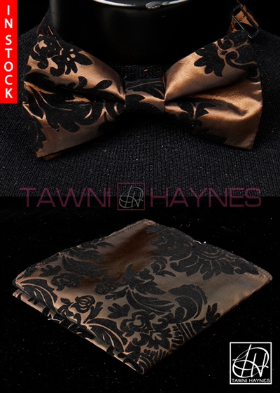 Tawni Haynes Brown w/ Black Damask Taffeta Bow Tie & Pocket Square