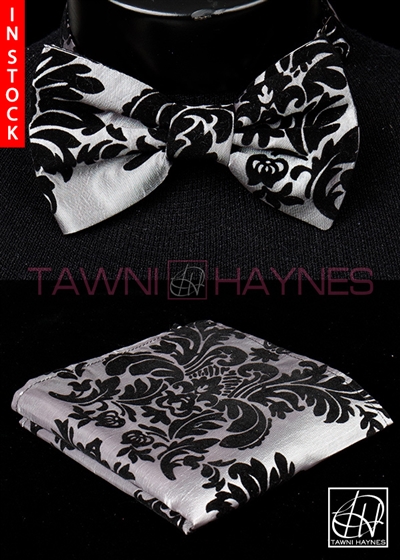 Tawni Haynes Silver w/ Black Damask Taffeta Bow Tie & Pocket Square