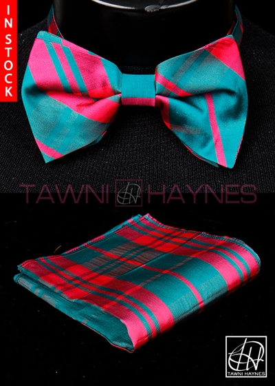 Tawni Haynes Teal Fuchsia Poly Dupioni Bow Tie & Pocket Square