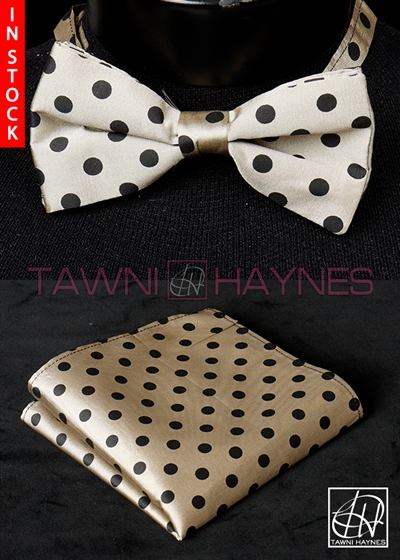 Tawni Haynes Taupe Polka Dot Poly Dupioni Bow Tie & Pocket Square