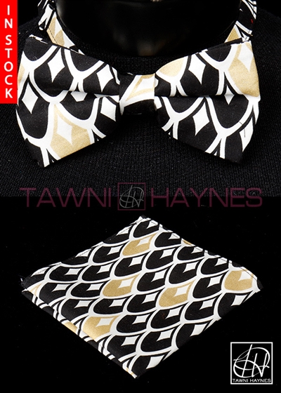 Tawni Haynes White Black Gold Teardrop Stretch Cotton Bow Tie & Pocket Square