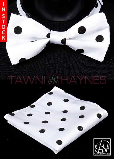 Tawni Haynes White Black Polka Dot Poly Dupioni Bow Tie & Pocket Square