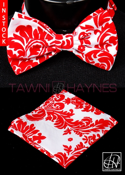 Tawni Haynes White w/ Red Damask Taffeta Bow Tie & Pocket Square