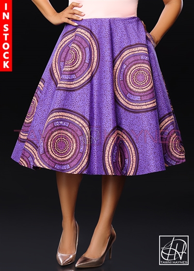 Tawni Haynes In-Stock Ankara African Print High Waist Swing Skirt - Purple & Peach Coral
