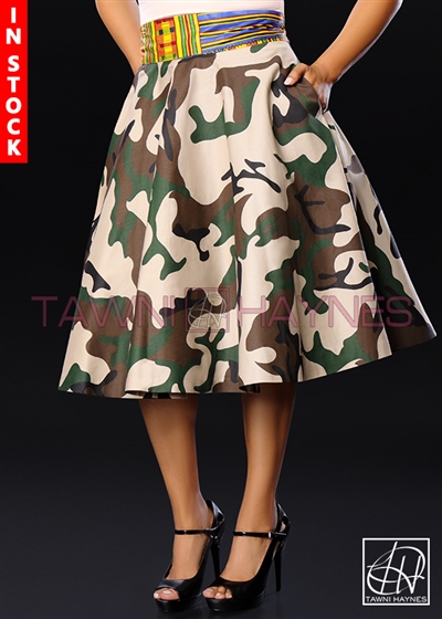 Tawni Haynes In-Stock High Waist Swing Skirt - Camo Cotton w/ Ankira African Striped Print Waistband