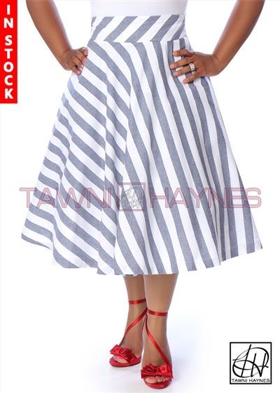 Tawni Haynes In-Stock High Waist Swing Skirt Knee Length -  Chambray Diagonal Striped Denim