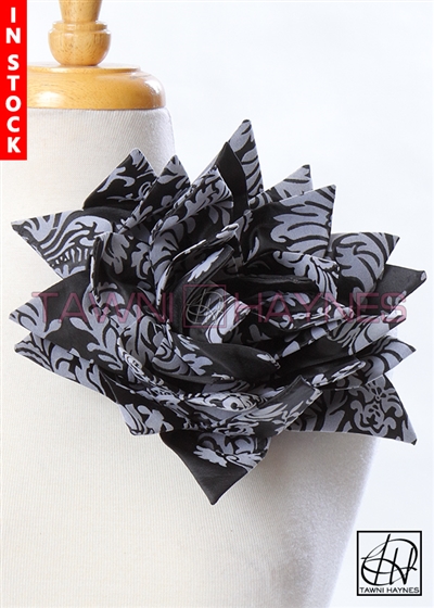 Tawni Haynes Petal Flower Pin (10 inch) - Grey & Black Damask Taffeta
