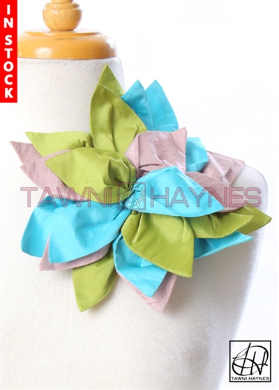 Tawni Haynes Mixed Petal Flower Pin (10 inch) - Lime/Lavender/Aqua Poly Dupioni & Silk